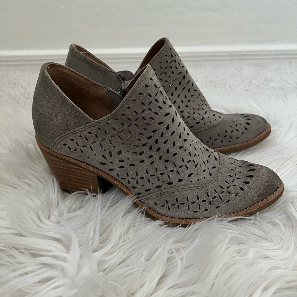 Sofft Gray green laser cut Italian suede leather booties.